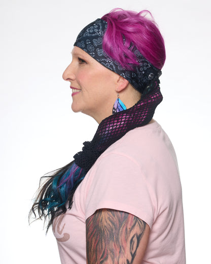 Black and White Bandana headband with ponytail protector, side view on female model.