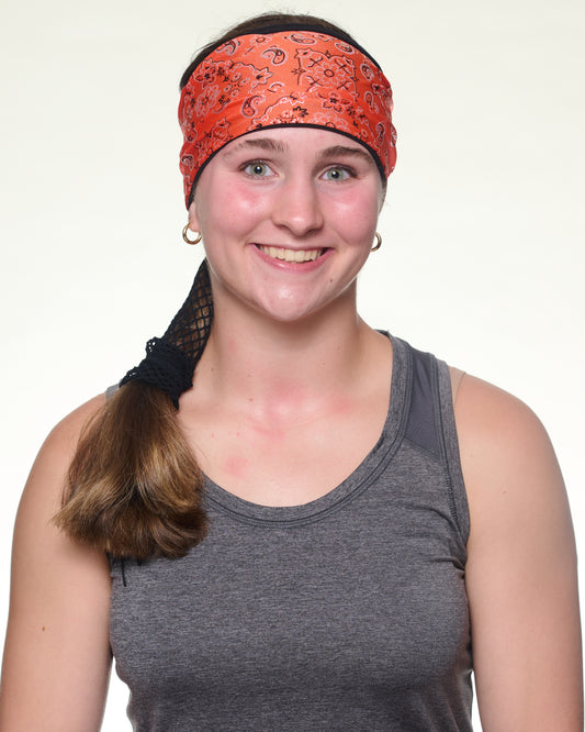 Orange Sunset Bandana Wide headband, front view on female model.