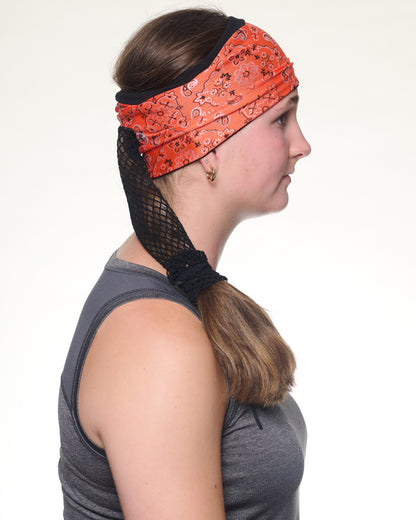 Orange Sunset Bandana Wide headband, side view on female model.