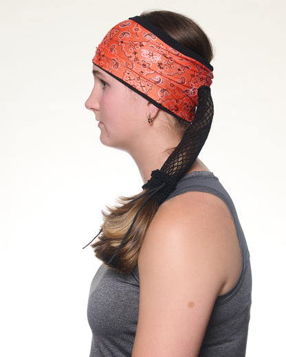 Orange Sunset Bandana Wide headband, side view on female model.