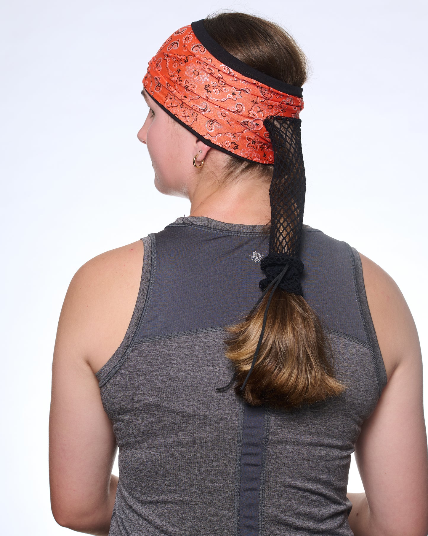 Orange Sunset Bandana Wide headband, back view on female model.