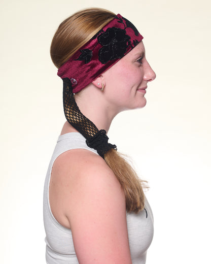 Goth Floral Narrow Headband, side view on female model.