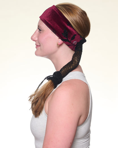 Goth Floral Narrow Headband, side view on female model.