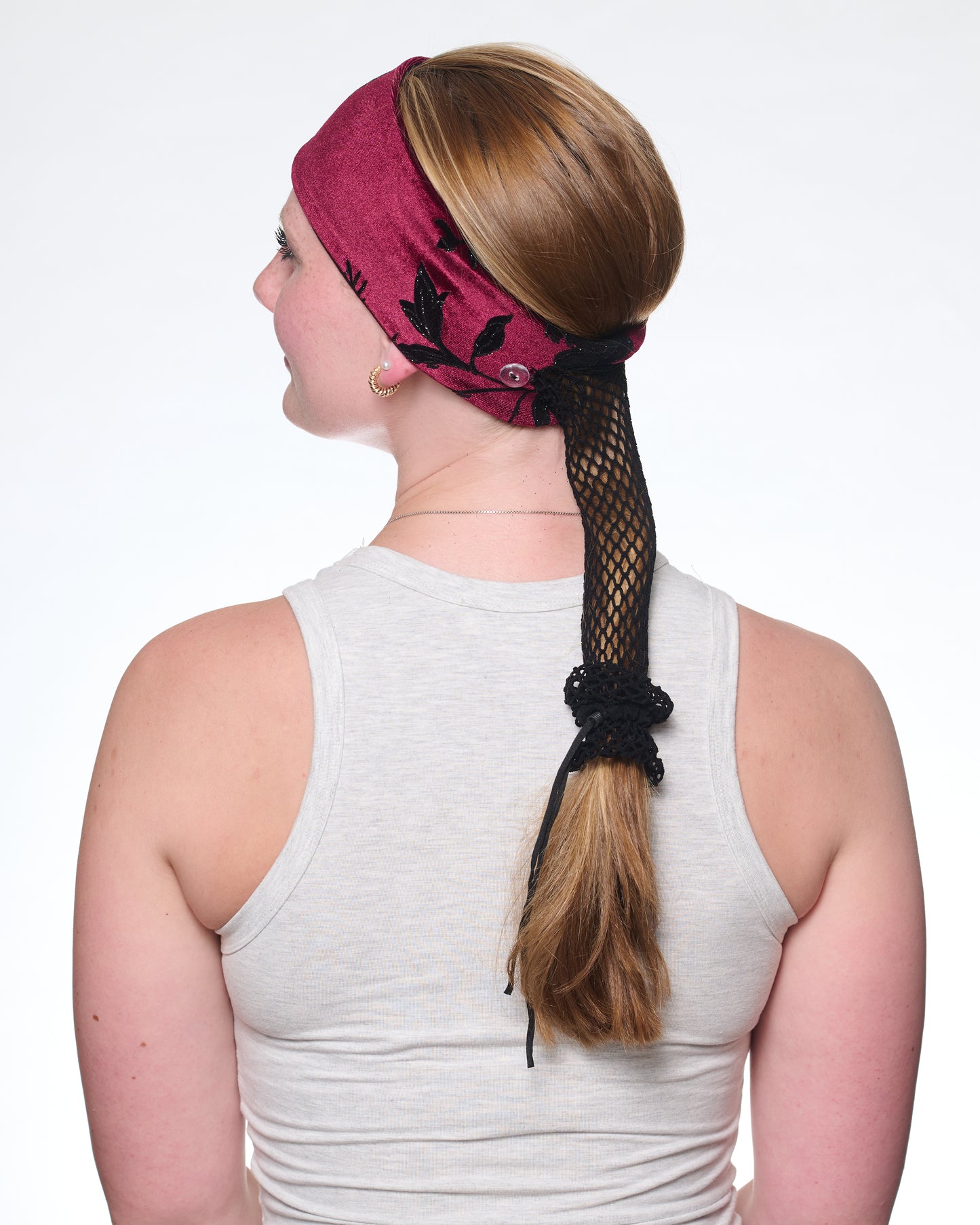 Goth Floral Narrow Headband, back view on female model.