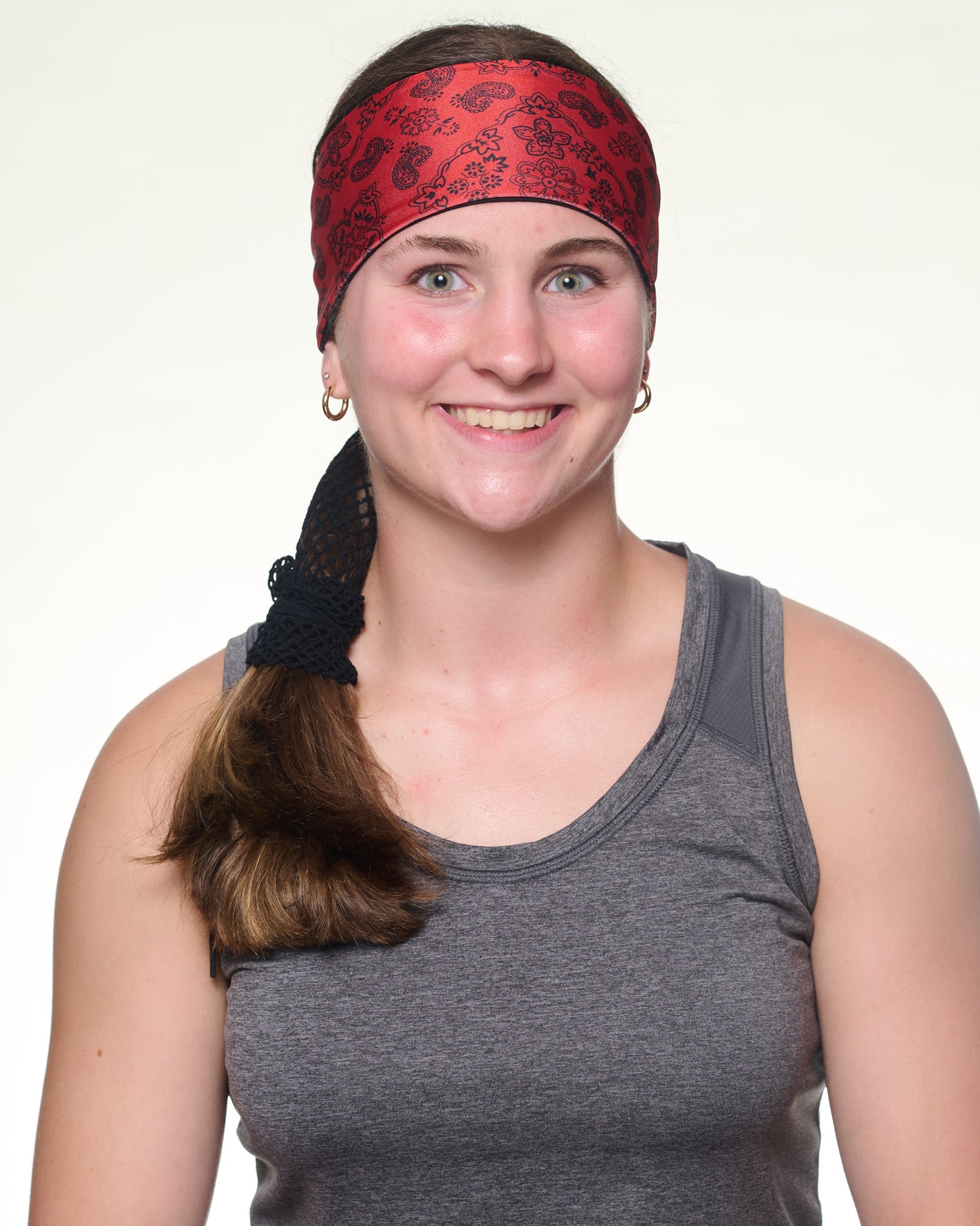 Red and Black Classic Bandana headband with ponytail protector, front view on female model.