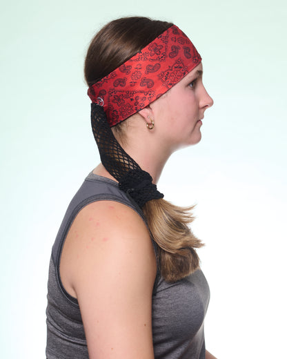 Red and Black Classic Bandana headband with ponytail protector, side view on female model.