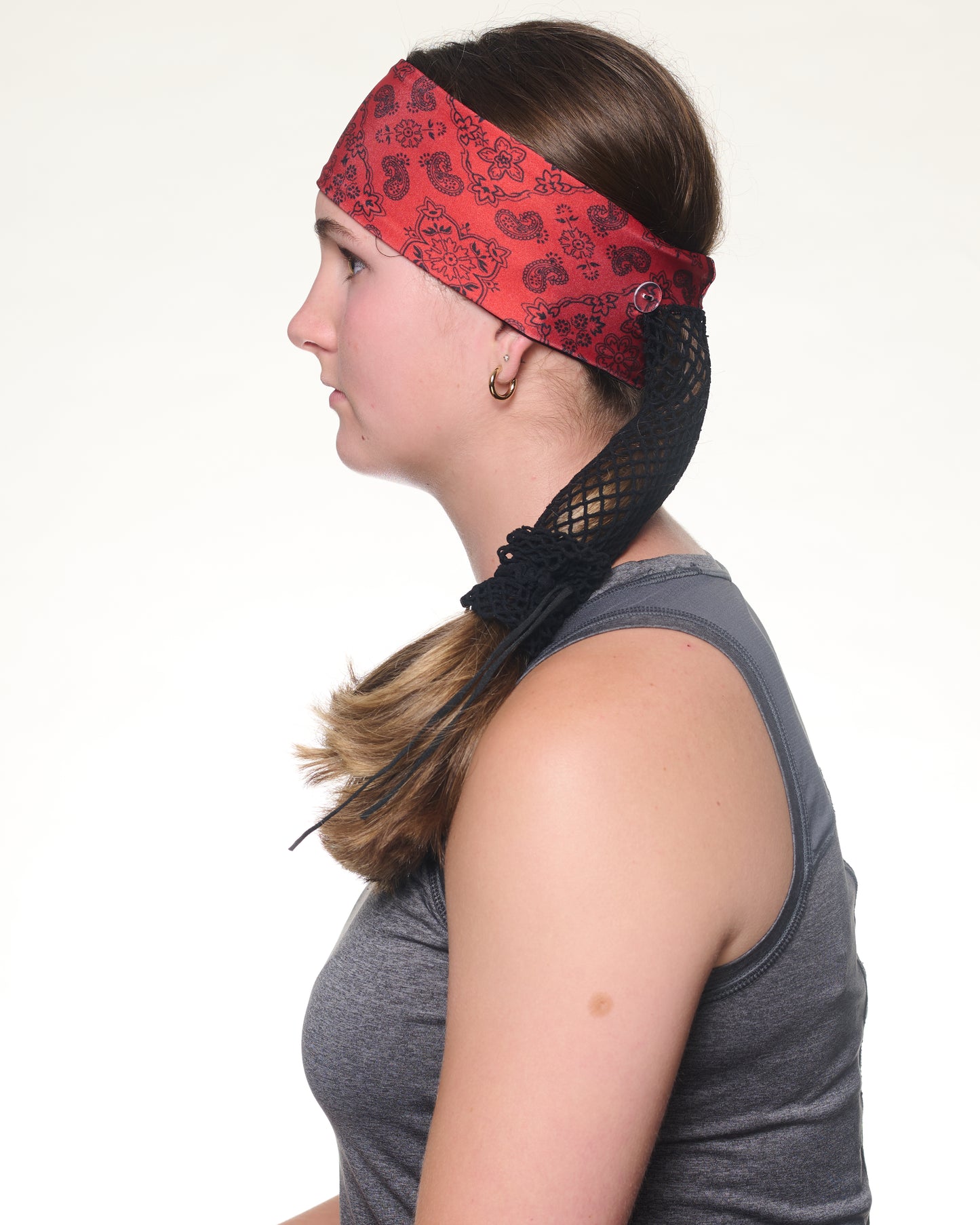 Red and Black Classic Bandana headband with ponytail protector, side view on female model.