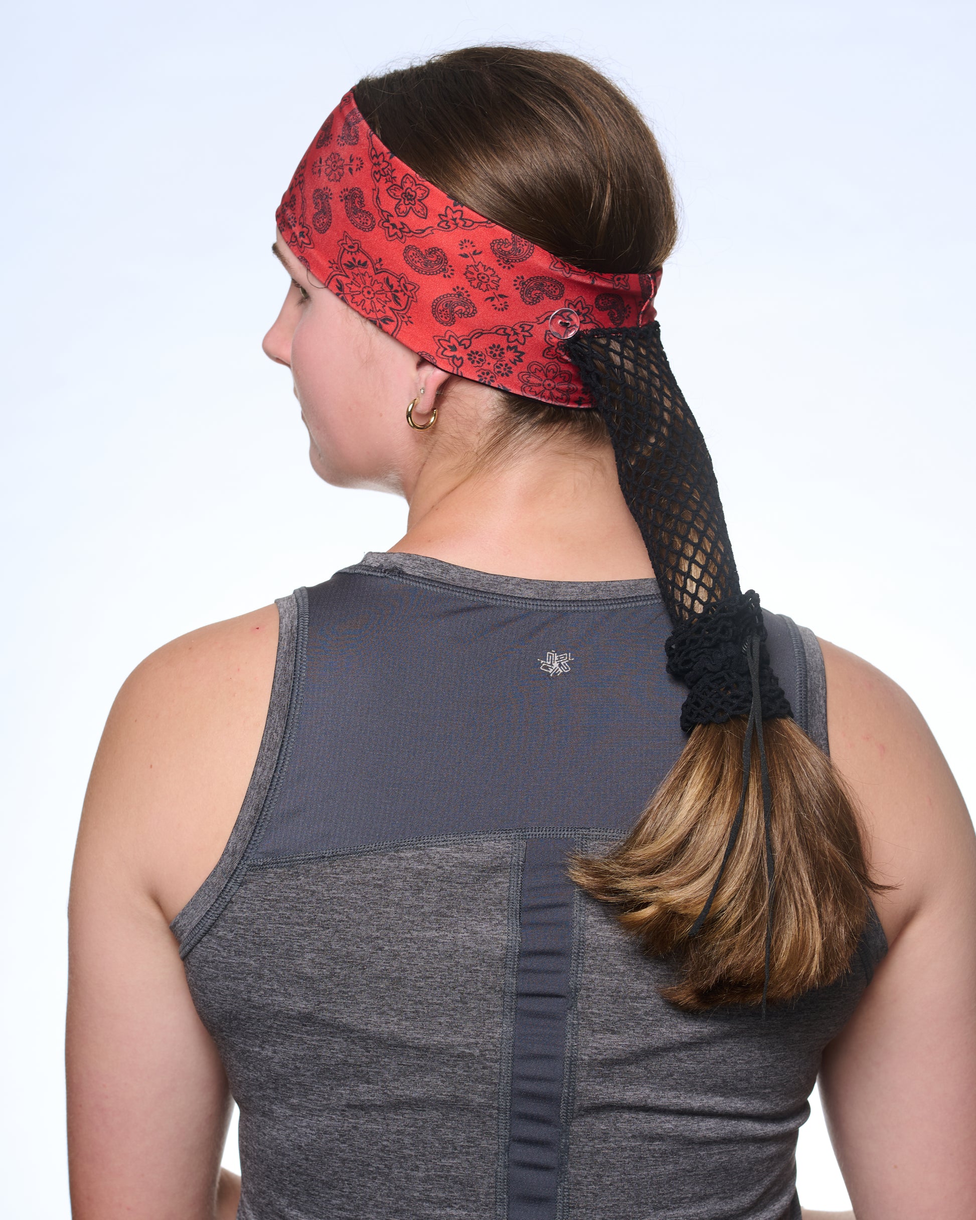 Red and Black Classic Bandana headband with ponytail protector, back view on female model.