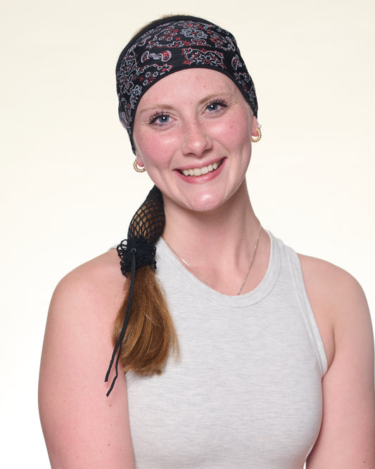 Black and Racy Red Bandana, Wide band, front view on female model.