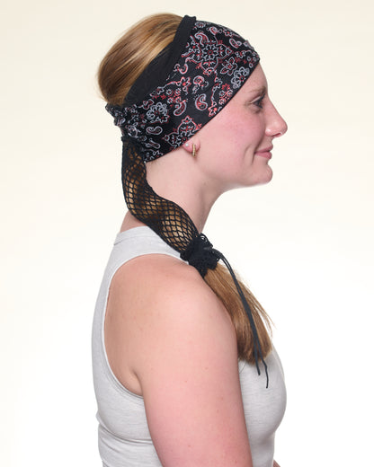 Black and Racy Red Bandana, Wide band, side view on female model.