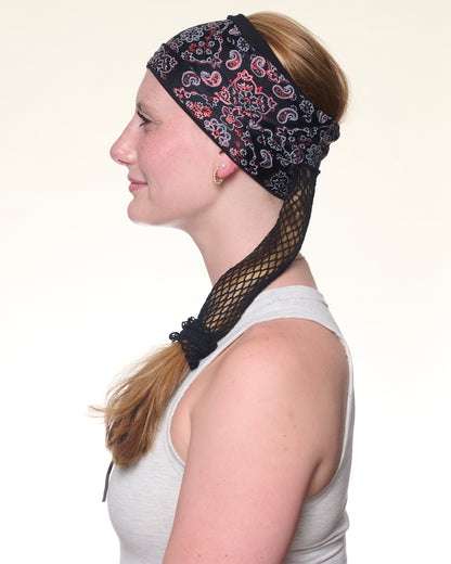 Black and Racy Red Bandana, Wide band, side view on female model.