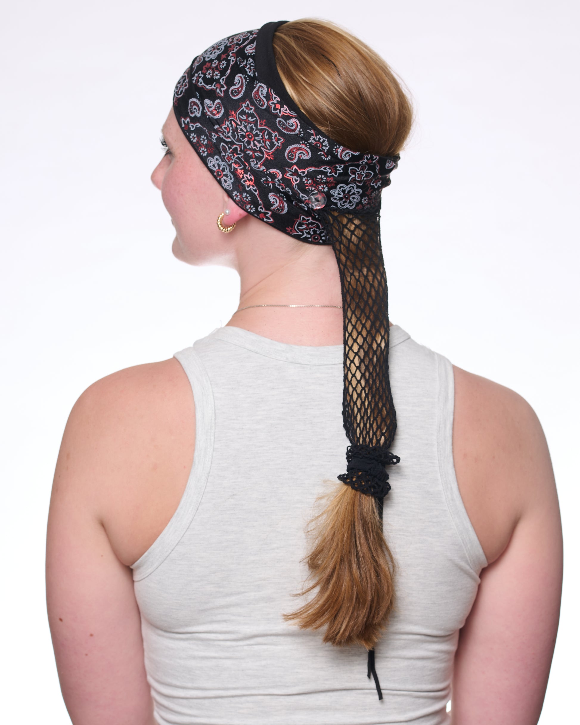 Black and Racy Red Bandana, Wide band, back view on female model.