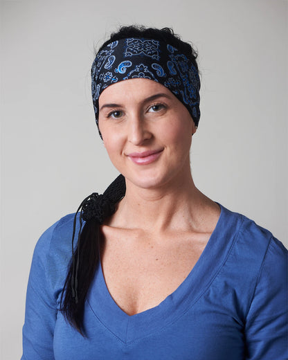 Black and Lazer Blue Bandana headband with ponytail protector, front view on female model.