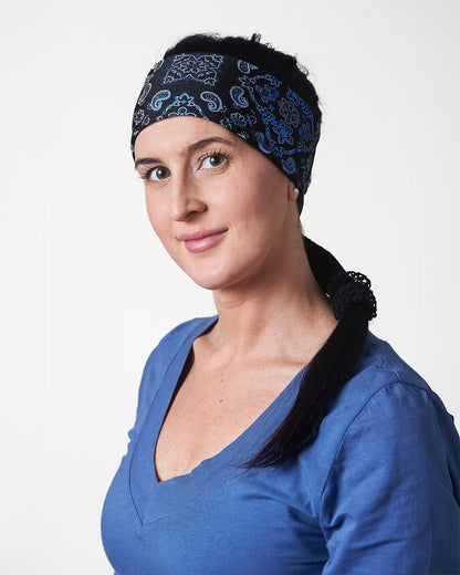 Black and Lazer Blue Bandana headband with ponytail protector, front view on female model.