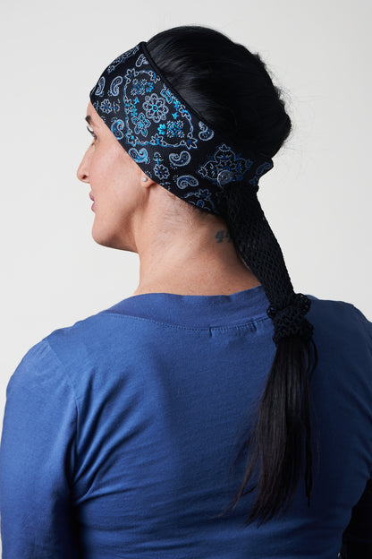 Black and Lazer Blue Bandana, temporary narrow version showing of wide  headband with ponytail protector, back view on female model.