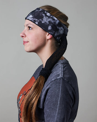 Gray Classic Tie-Dye headband with ponytail protector, side view female model.