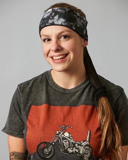 Gray Classic Tie-Dye headband with ponytail protector, front view female model.