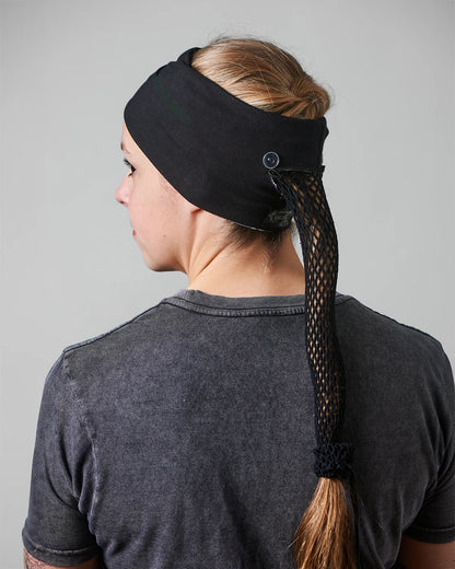 Gray Classic Tie-Dye wide headband with ponytail protector, reverse back view female model.