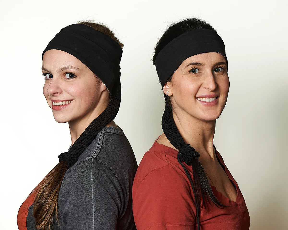 Black Venom wide and narrow headband with ponytail protector, reverse views on female models.