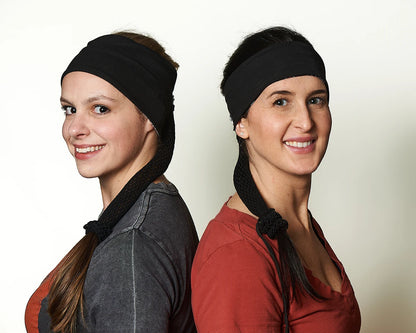 Black Venom wide and narrow headband with ponytail protector, reverse views on female models.