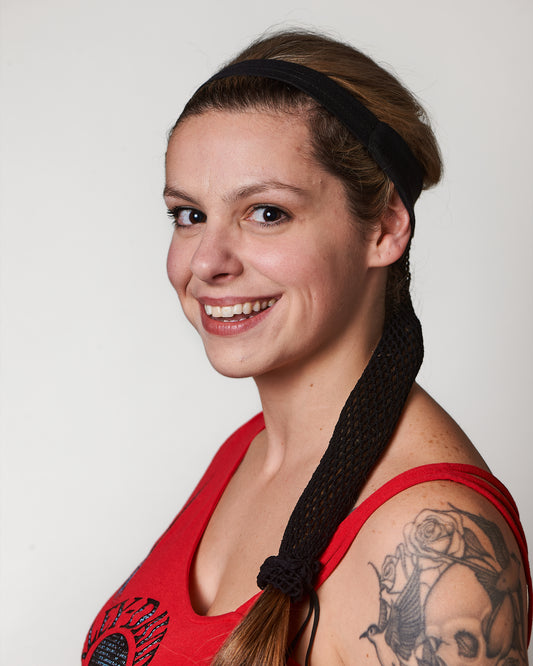 Extra Thin Black Headband, shown in Face-Forward Position, Female model.