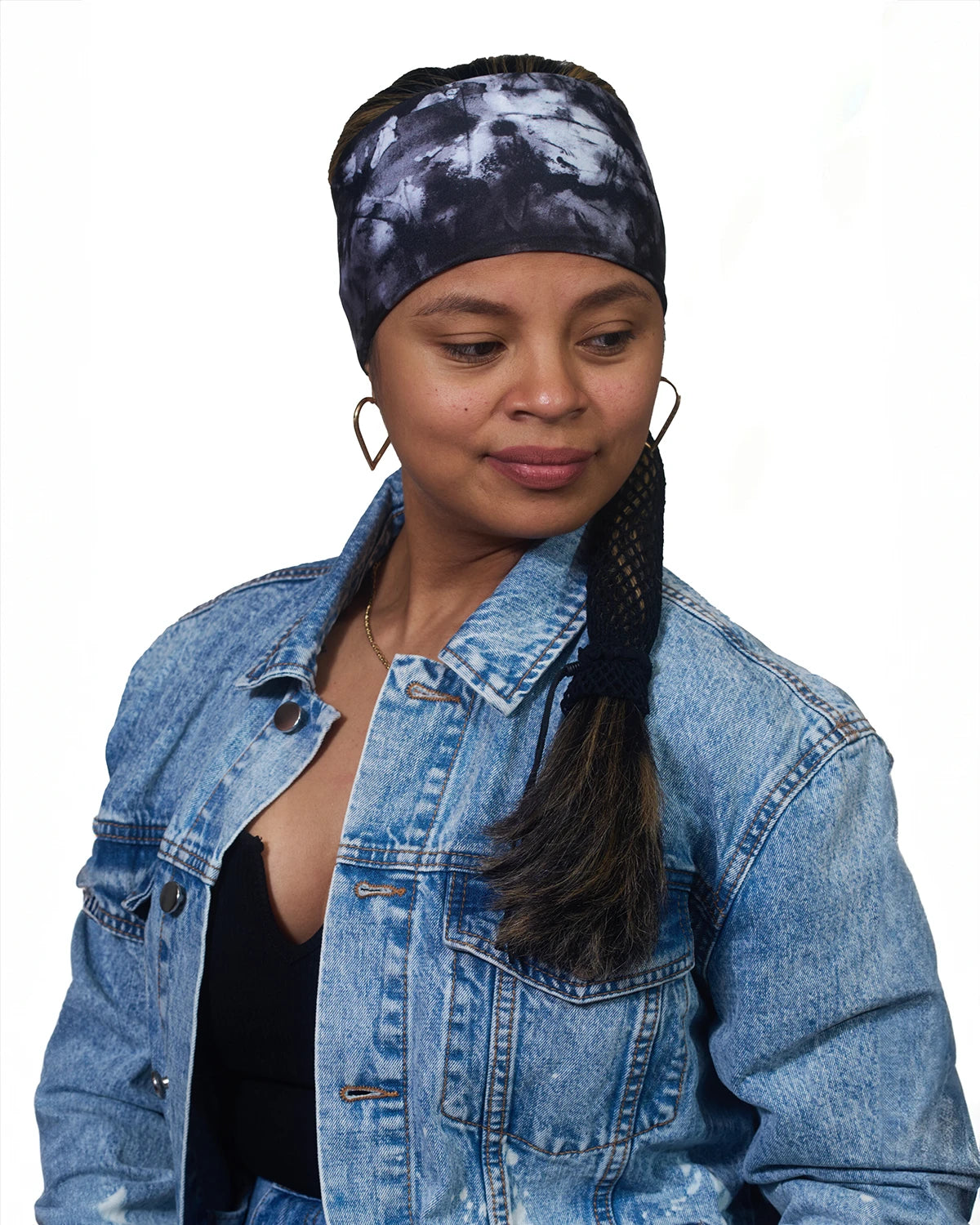 Gray Classic Tie-Dye wide headband with ponytail protector, front view female model.