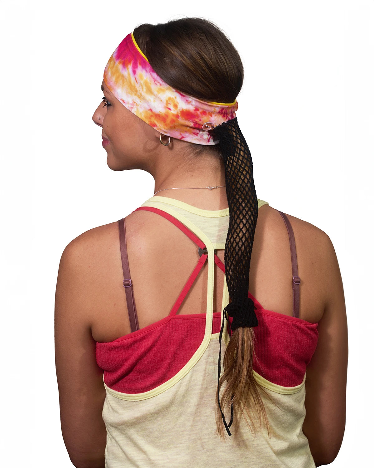 Orange-Yellow Vibrance Tie-Dye headband with ponytail protector, back view on female model.