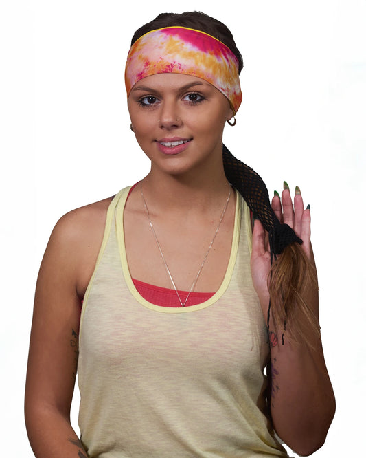 Orange-Yellow Vibrance Tie-Dye headband with ponytail protector, front view on female model.