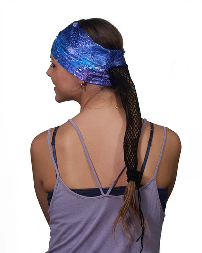 Purple Geometric Tie Dye wide headband with ponytail protector, back view on female model.