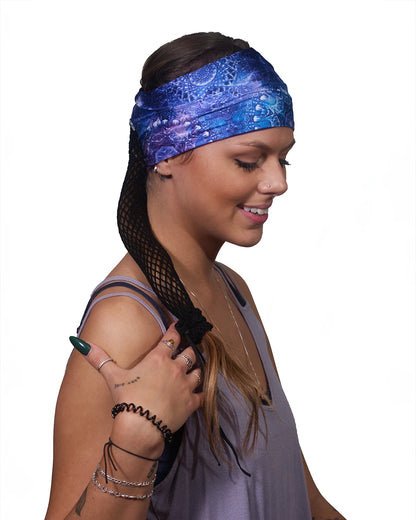 Purple Geometric Tie Dye wide headband with ponytail protector, side view on female model.