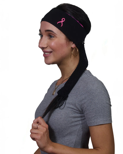 Pink Thunderstorm Cancer Awareness headband with ponytail protector, reverse side view on female model.