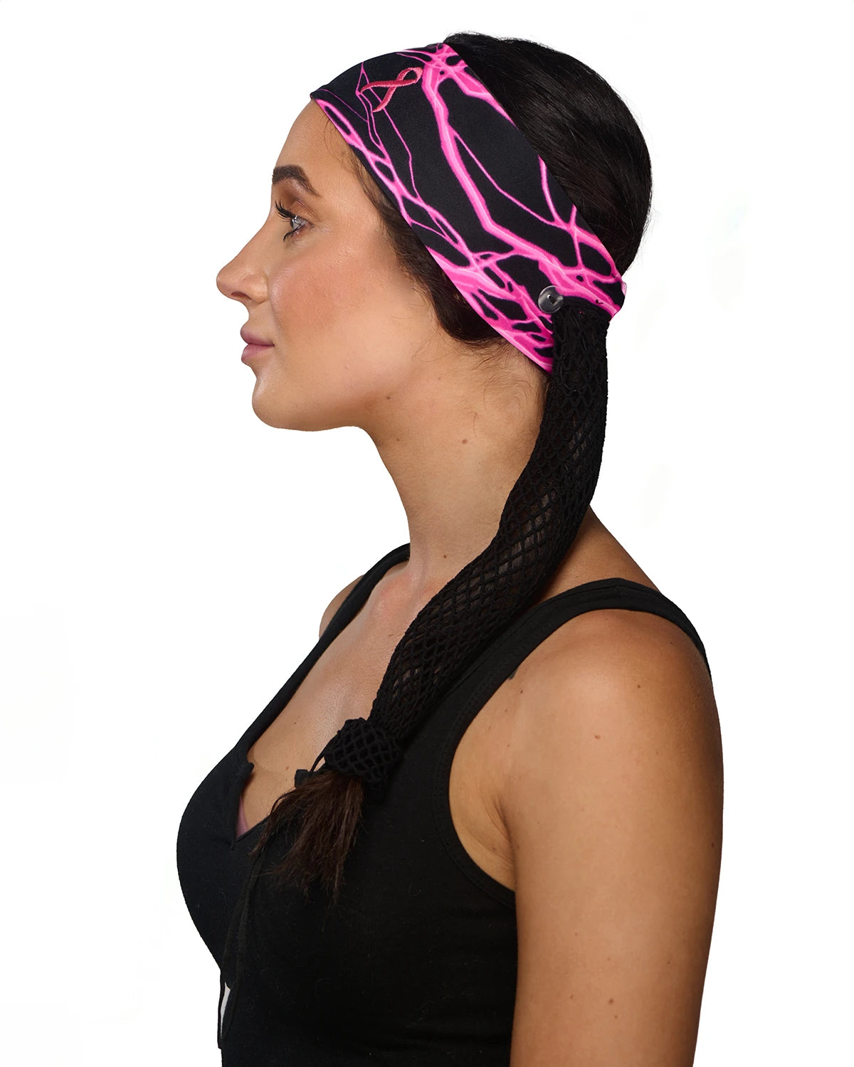 Pink Thunderstorm Cancer Awareness headband with ponytail protector, side view on female model.