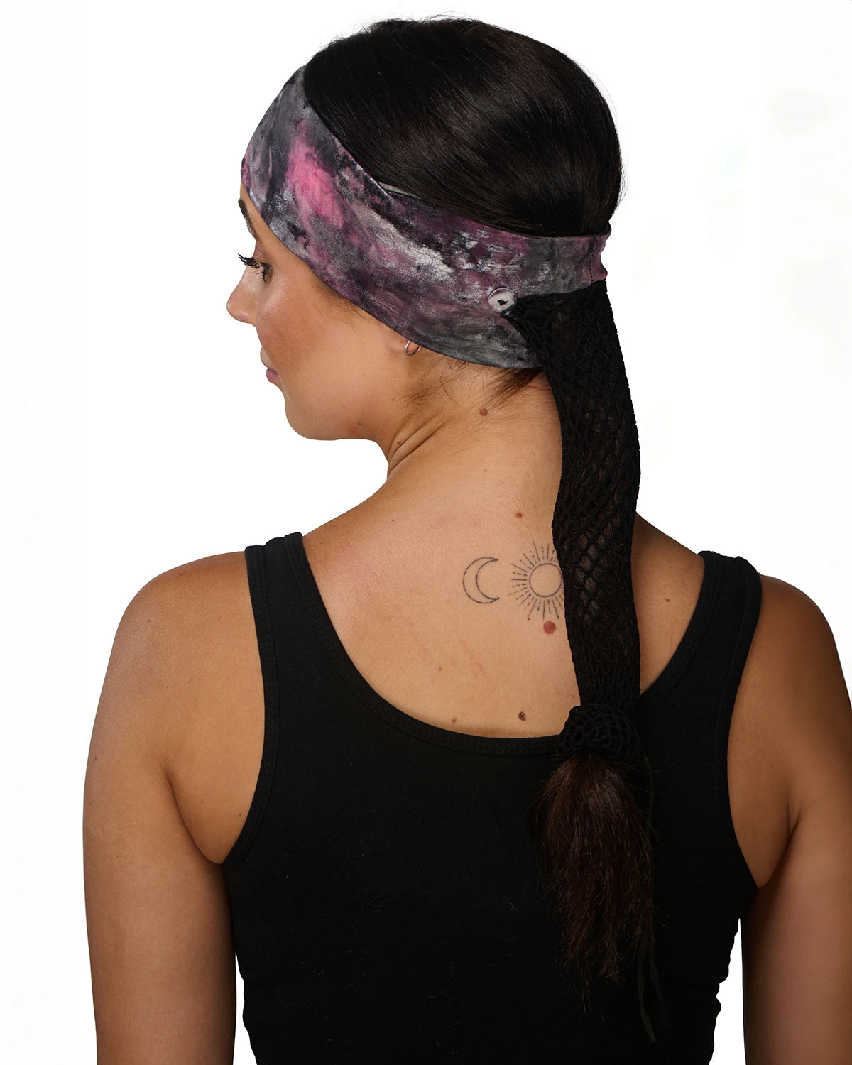 Pink Chic Vintage Foil headband with ponytail protector, back view on female model.