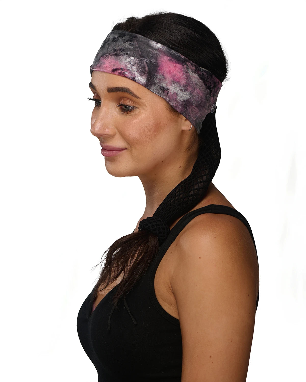 Pink Chic Vintage Foil headband with ponytail protector, side view on female model.