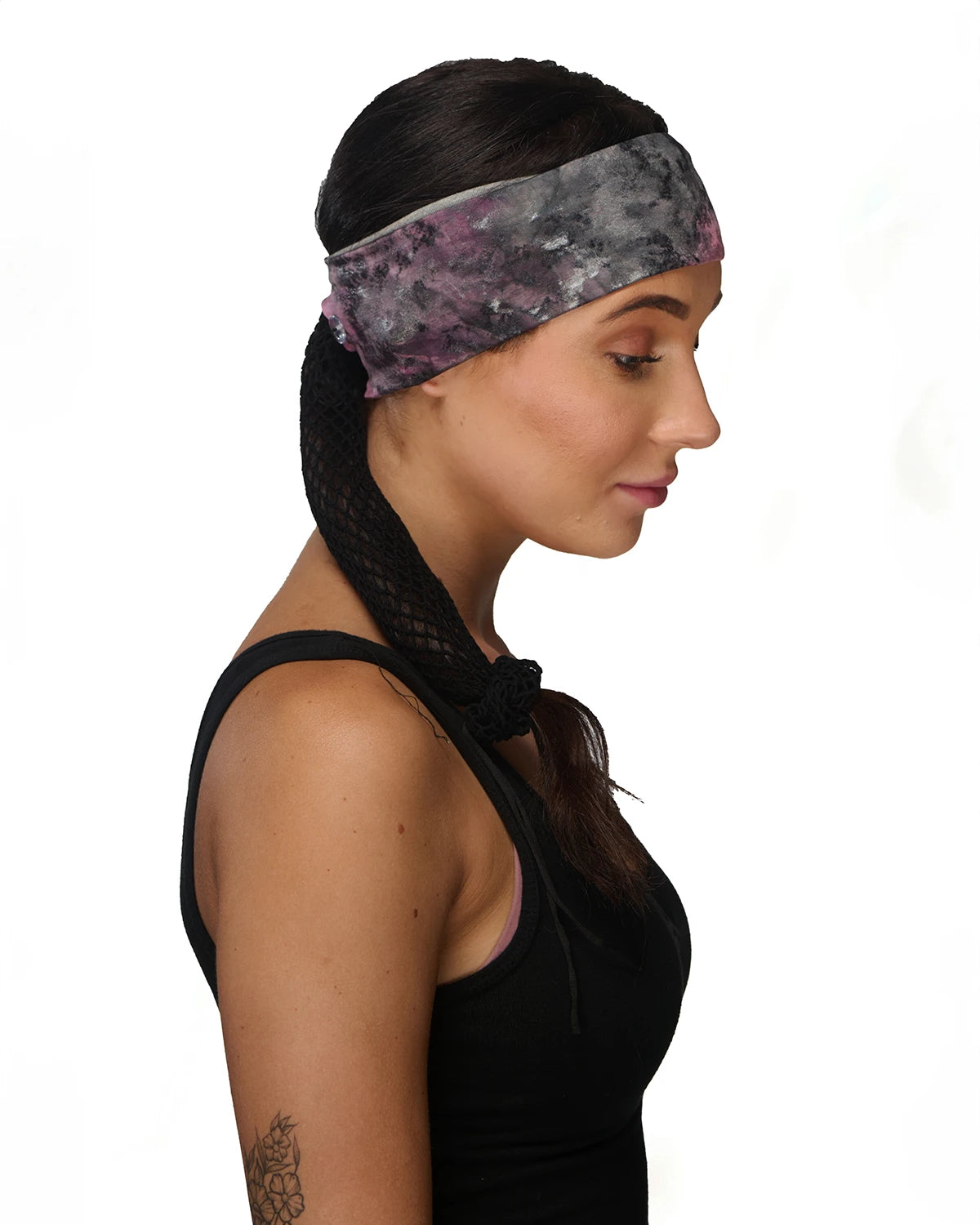 Pink Chic Vintage Foil headband with ponytail protector, side view on female model.