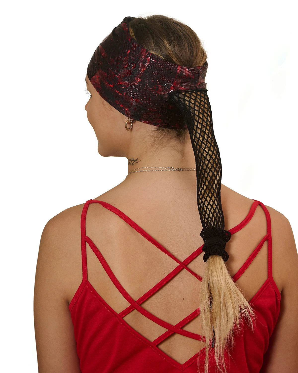 Red Shimmer Holographic wide headband with ponytail protector, back view on female model.