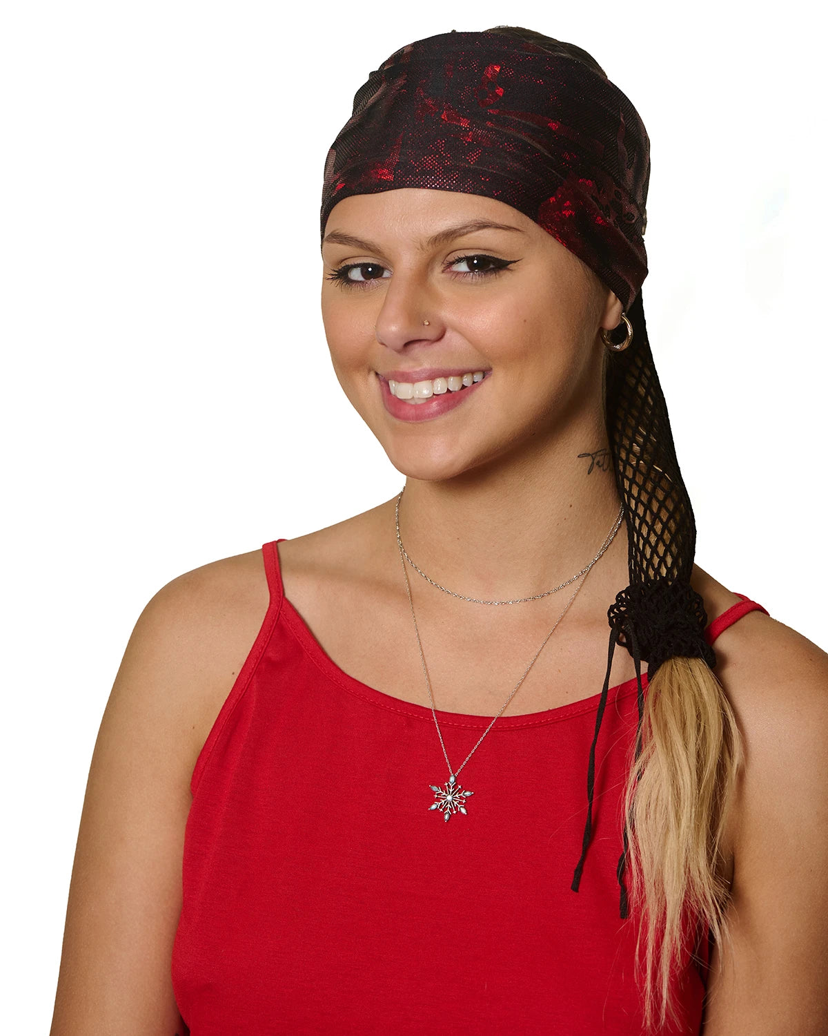 Red Shimmer Holographic wide headband with ponytail protector, front view on female model.