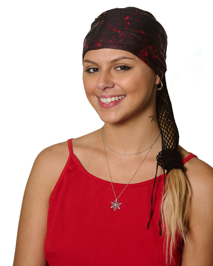 Red Shimmer Holographic wide headband with ponytail protector, front view on female model.