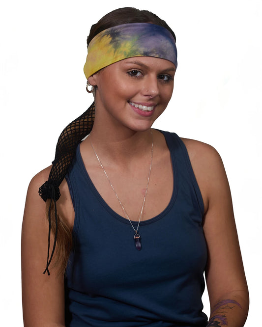 Blue and Yellow Messed Up Tie-Dye headband with ponytail protector, front view on female model.