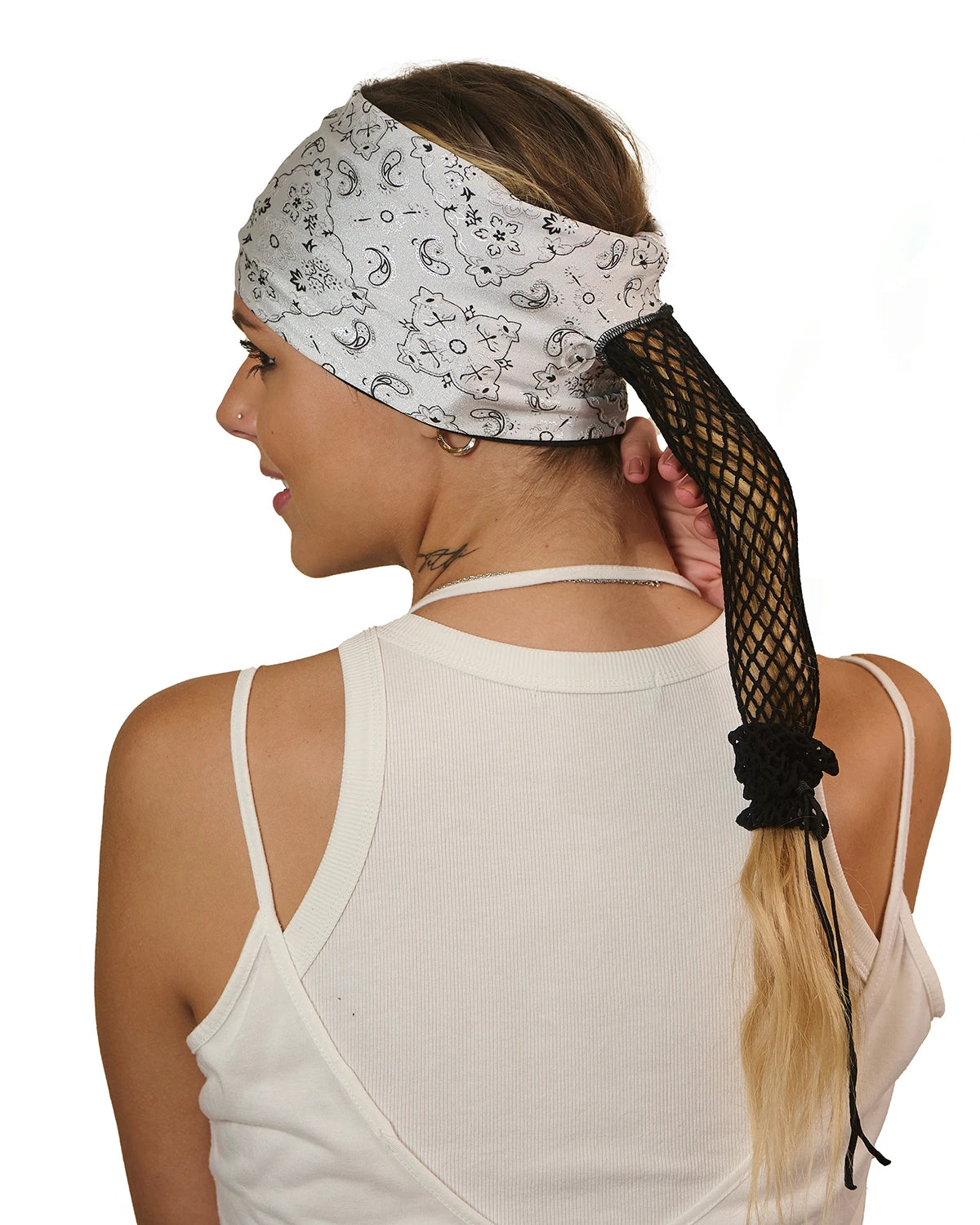 White and Black Elegance Bandana wide headband with ponytail protector, back view on female model.