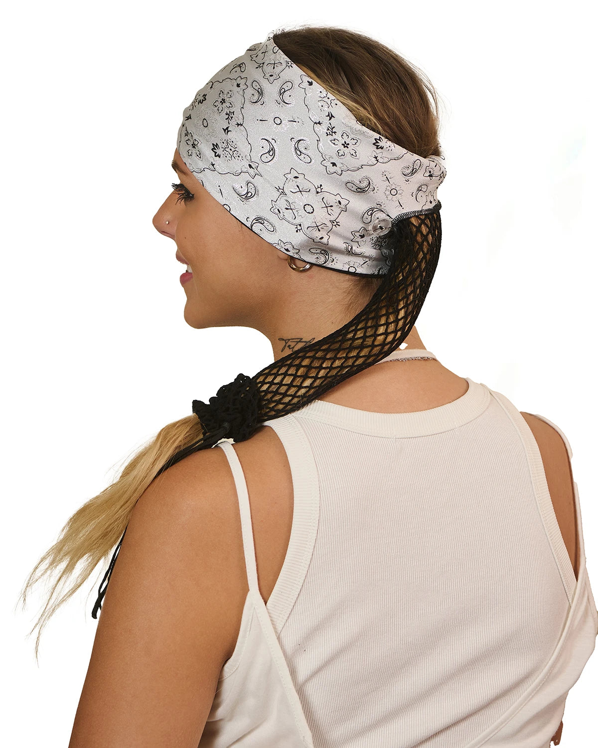 White and Black Elegance Bandana wide headband with ponytail protector, side view on female model.