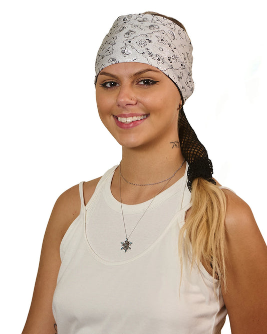 White and Black Elegance Bandana wide headband with ponytail protector, front view on female model.