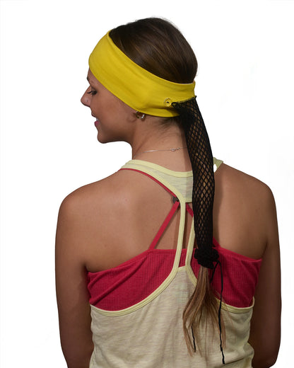 Orange-Yellow Vibrance Tie-Dye headband with ponytail protector, reverse back view on female model.